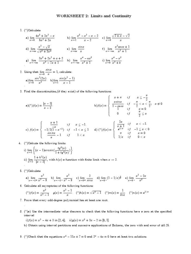 WORKSHEET 2: Limits and Continuity: 3 2 2 X !2 3 2 X !0 2 3 4 X !1 X ...