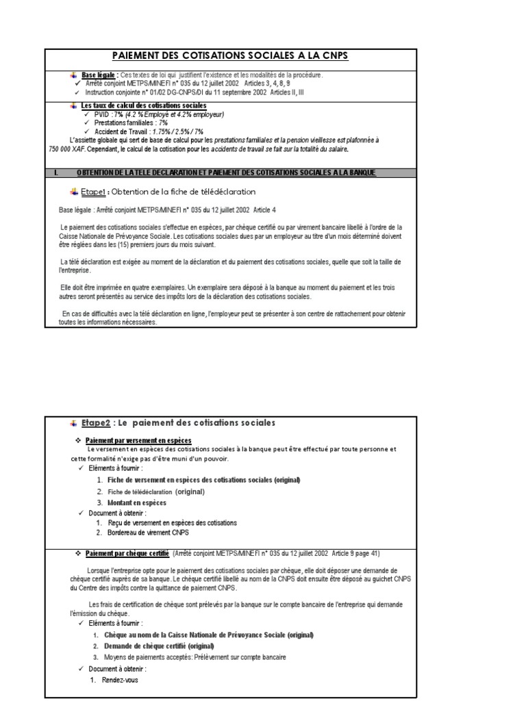 Paiement Des Cotisations Sociales A La Cnps Cheque Virement Bancaire