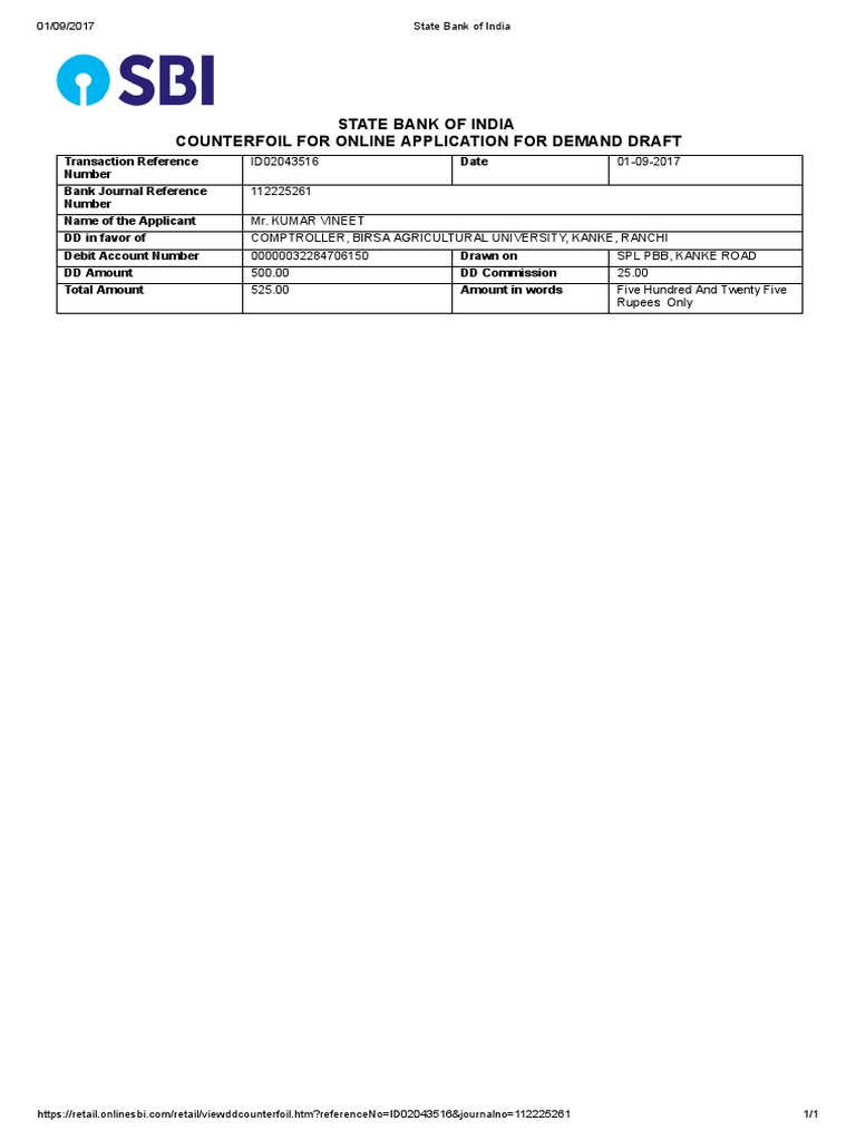 SBI Demand Draft Counterfoil Details | PDF | Finance & Money Management