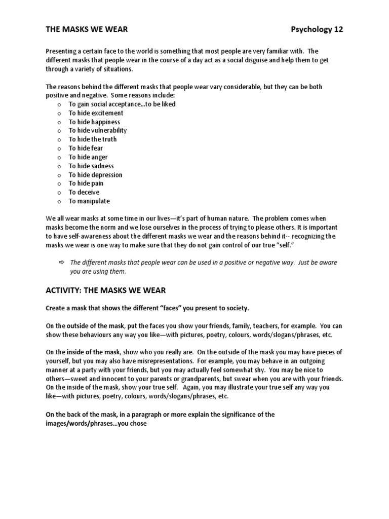 The Masks We Wear Psychology 12 You Are Using Them PDF Mask Reason