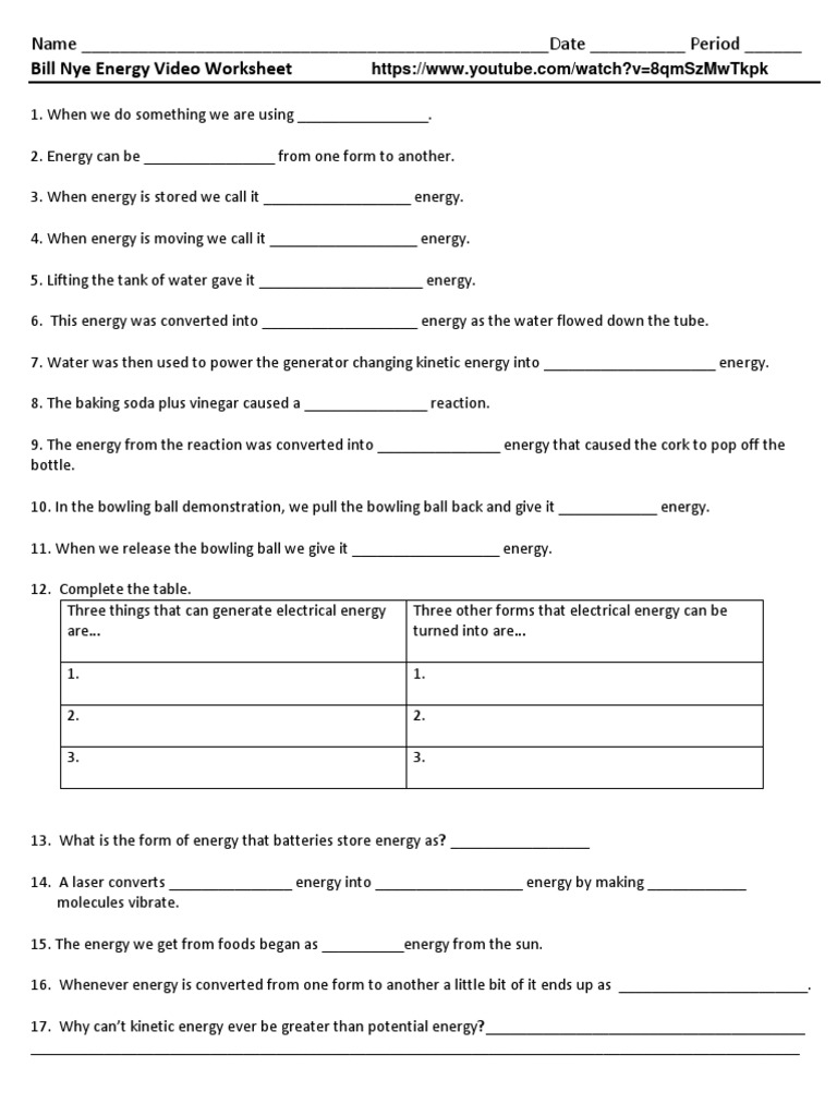 Bill Nye Energy Worksheet  Nature  Chemistry For Bill Nye Energy Worksheet