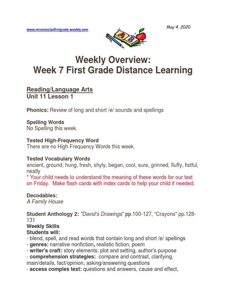 First Grade Week 7 Learning Overview | PDF | Language Arts & Discipline ...