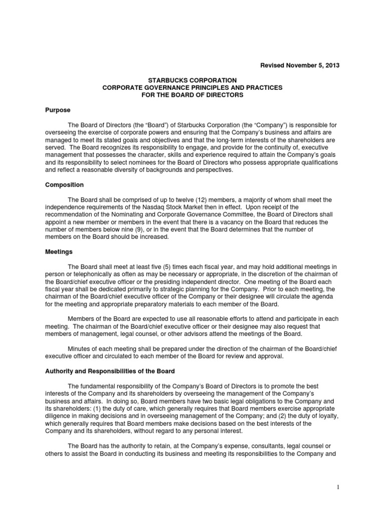 Starbucks Corporate Governance Principles | PDF | Board Of Directors ...