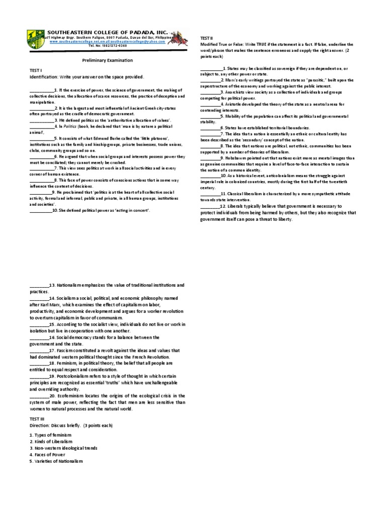 Southeastern College of Padada, Inc.: Test I | PDF | Liberalism | Socialism