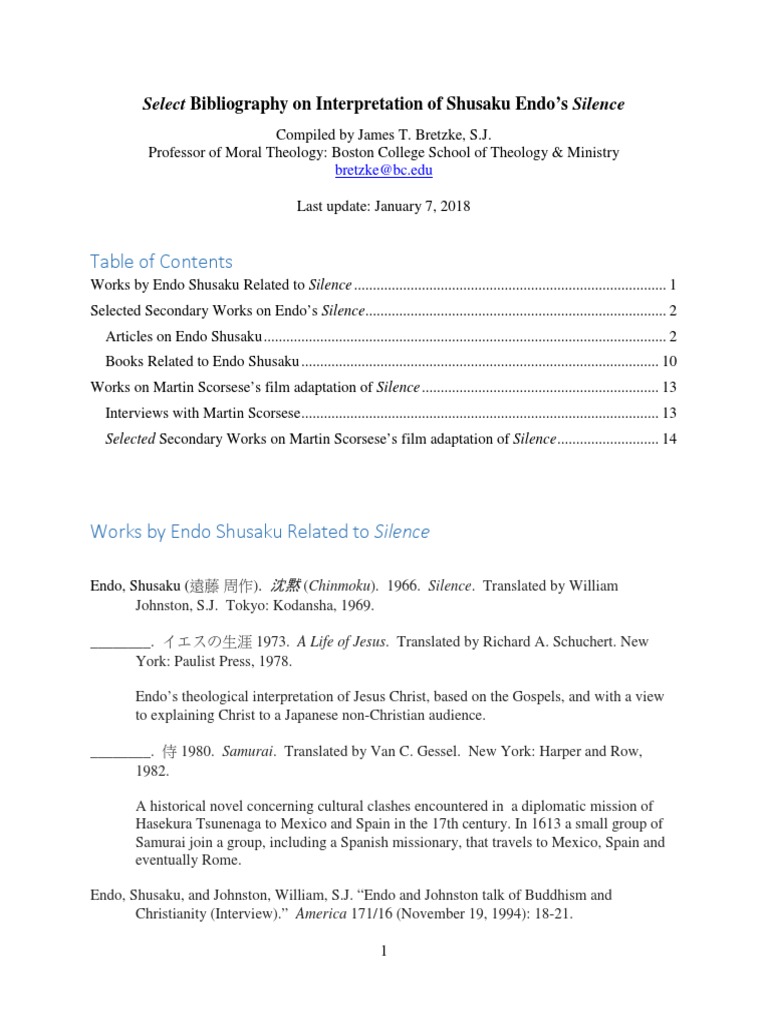 Select Bibliography On Interpretation of Shusaku Endo's Silence
