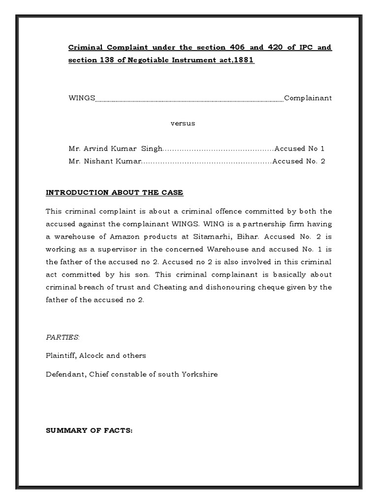 criminal-complaint-under-the-section-406-and-420-of-ipc-and-section-138