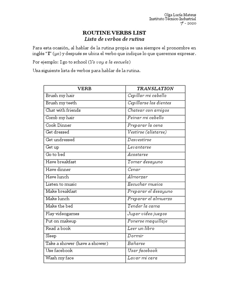 Verbs for Daily Routine List in English and Spanish | PDF