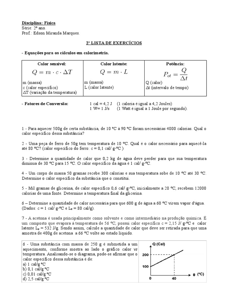 Lista de exercícios sobre cálculos de calorimetria envolvendo calor ...