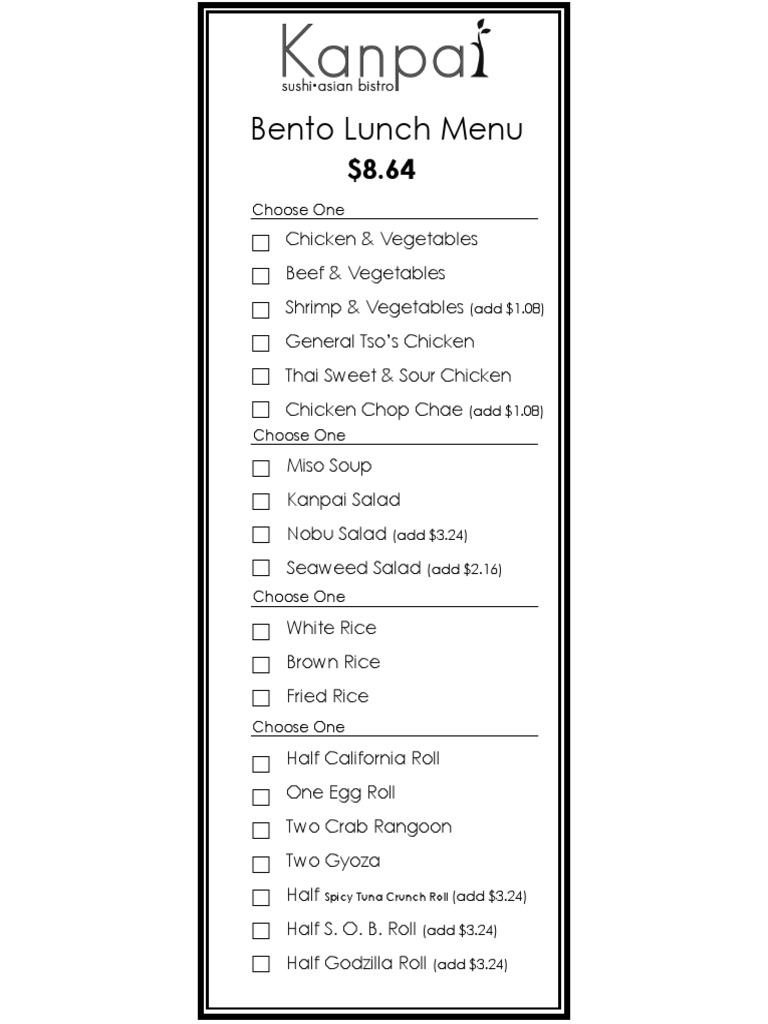 Kanpai Bento Menu | PDF | Cooking, Food & Wine | Wellness