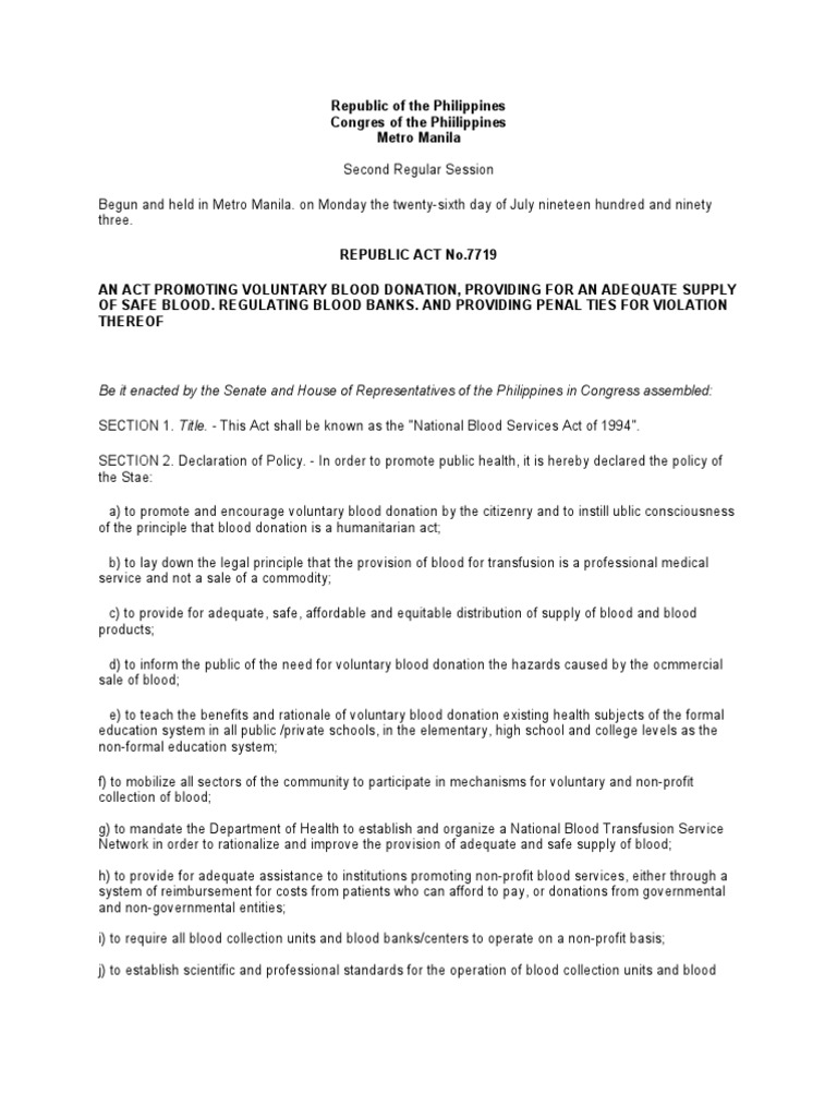 National Blood Services Act of 1994 Blood Donation Blood Transfusion