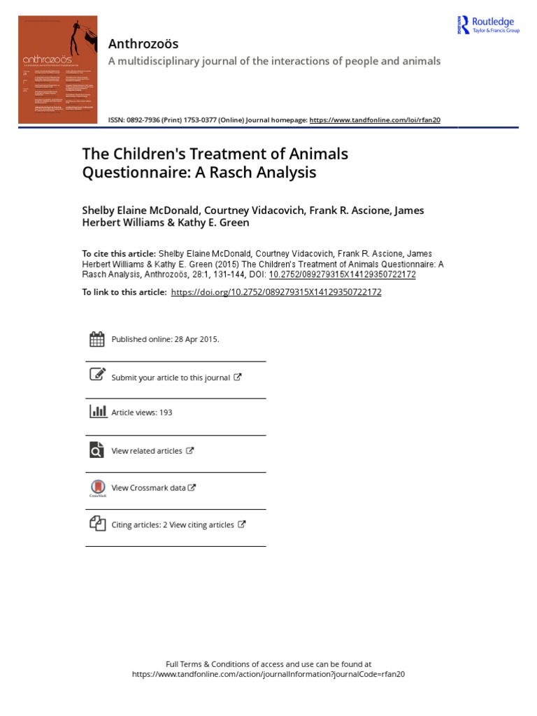 The Children S Treatment of Animals Questionnaire A Rasch Analysis 2015 ...