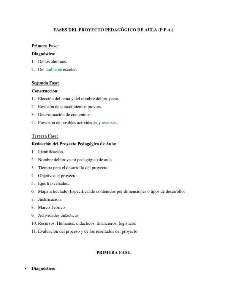 Fases del Proyecto Pedagógico de Aula | PDF | Salón de clases | Aprendizaje
