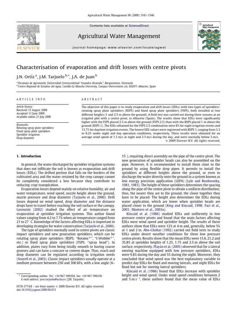 Characterization of Evaporation and Drift Losses With Centre Pivots