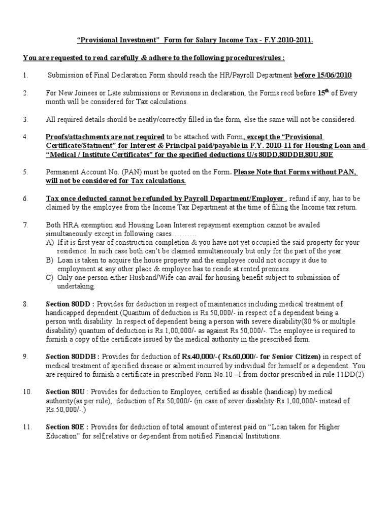 Provisional Investment Declaration Form 2010-2011 | PDF | Tax Deduction ...
