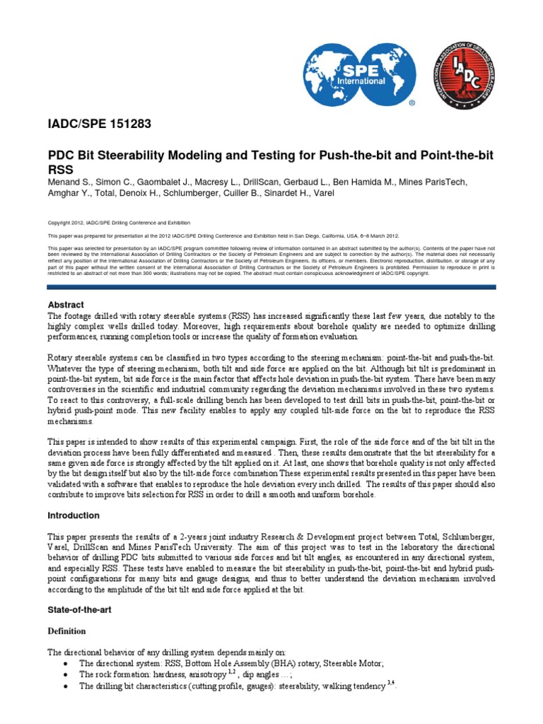 IADC/SPE 151283 PDC Bit Steerability Modeling and Testing For Push-The ...
