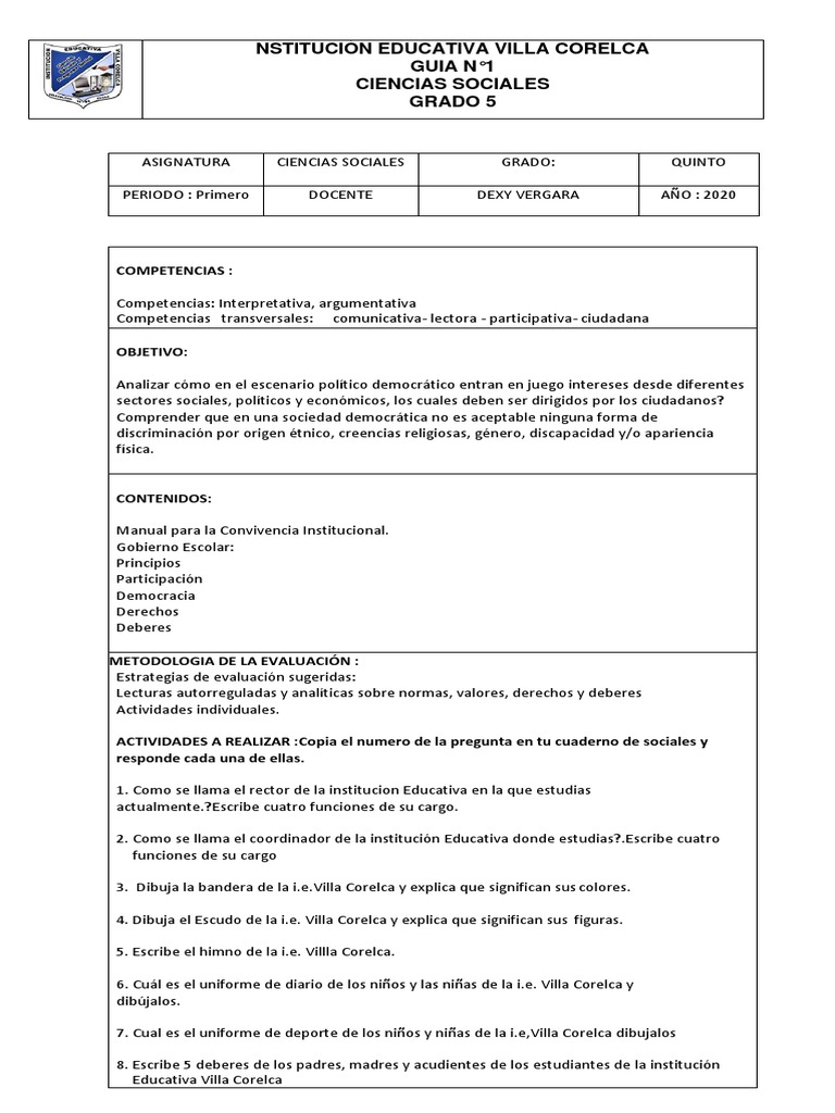 Guía de Ciencias Sociales - Villa Corelca | PDF | Institución | Democracia