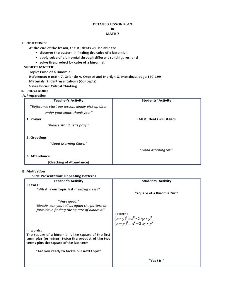 Lesson Plan 5 - Cube of A Binomial | PDF | Lesson Plan | Teaching ...