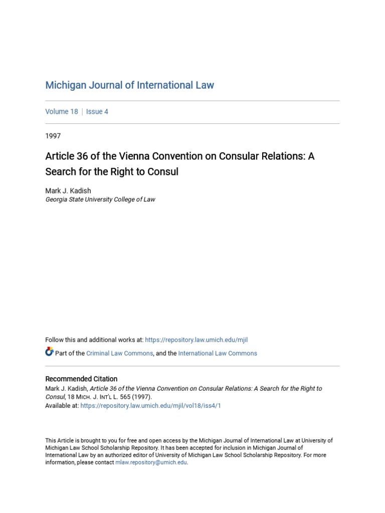 Article 36 of The Vienna Convention On Consular Relations A Sear PDF PDF Miranda V