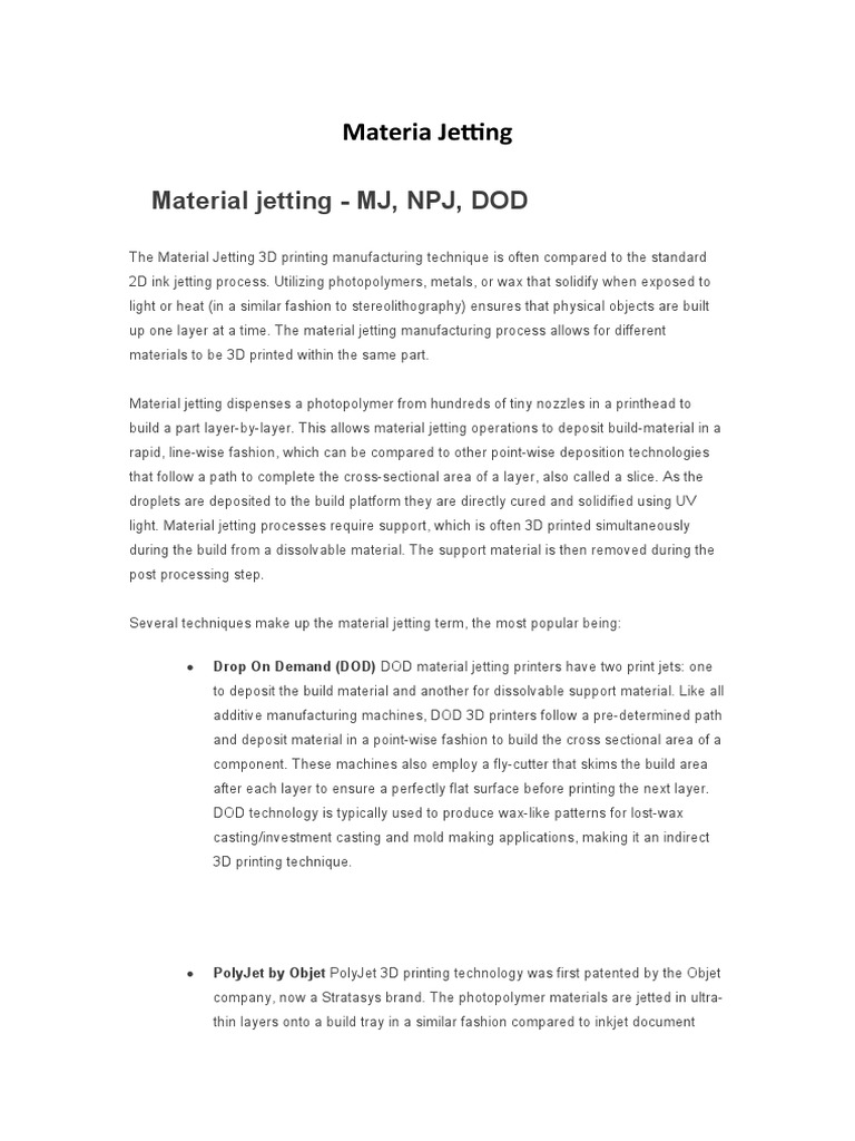 Material Jetting MJ, NPJ, DOD PDF 3 D Printing Industrial Processes