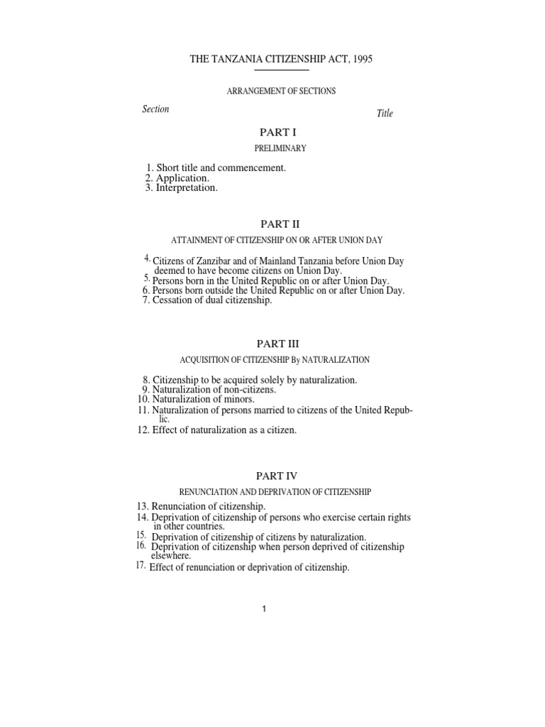 Tanzania Citizenship Act Overview | PDF | Naturalization | Citizenship