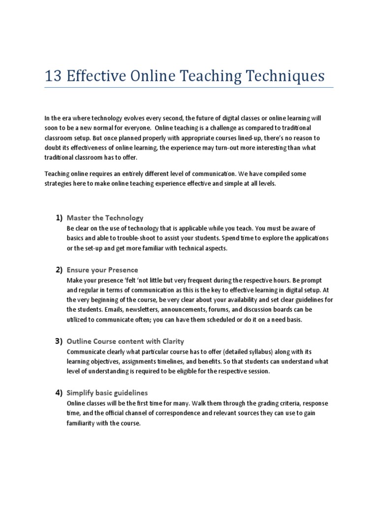 13 Effective Online Teaching Techniques Pdf Educational Technology
