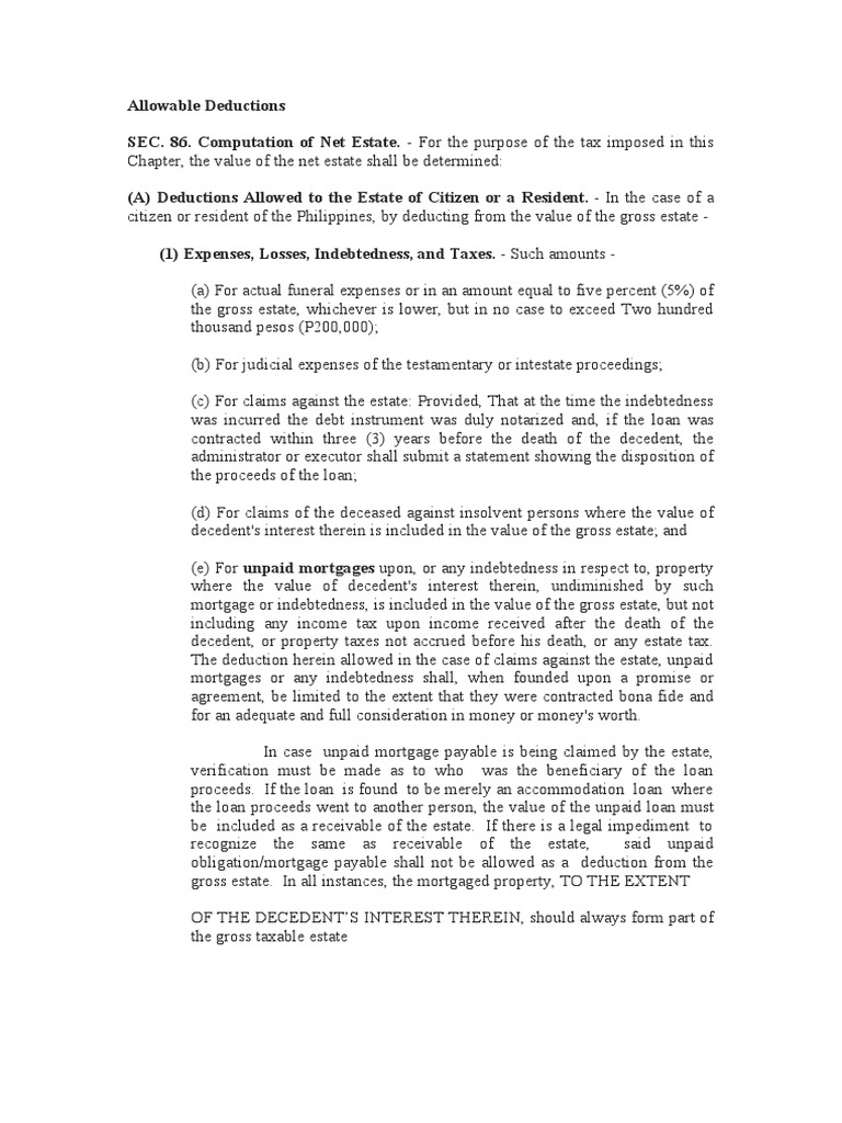 Allowable Deductions SEC. 86. Computation of Net Estate. For The