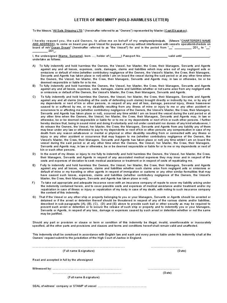 Letter of Indemnity (Hold-Harmless Letter) | PDF | Indemnity | Legal ...