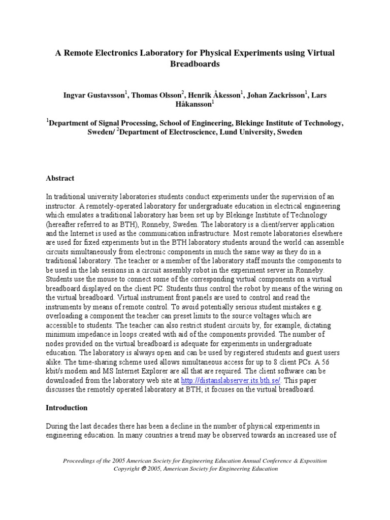 A Remote Electronics Laboratory For Physical Experiments Using Virtual ...
