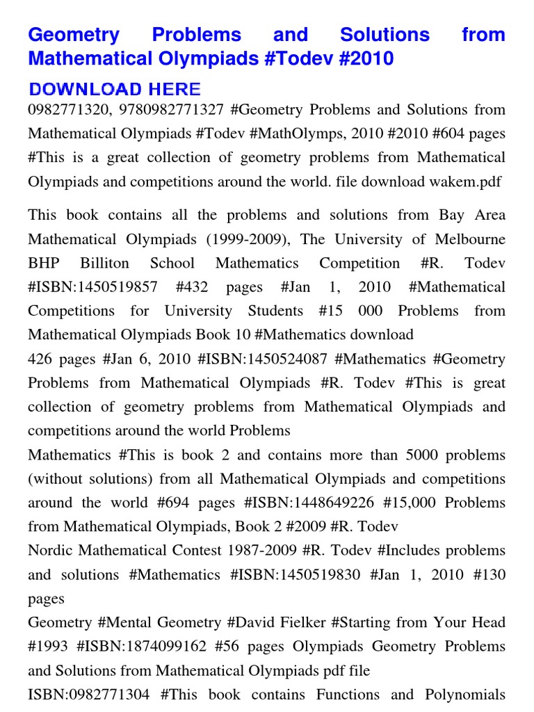 Geometry Problems from Mathematical Olympiads Todev， R. Geometry Problems and Solutions From Mathematical Olympiads
