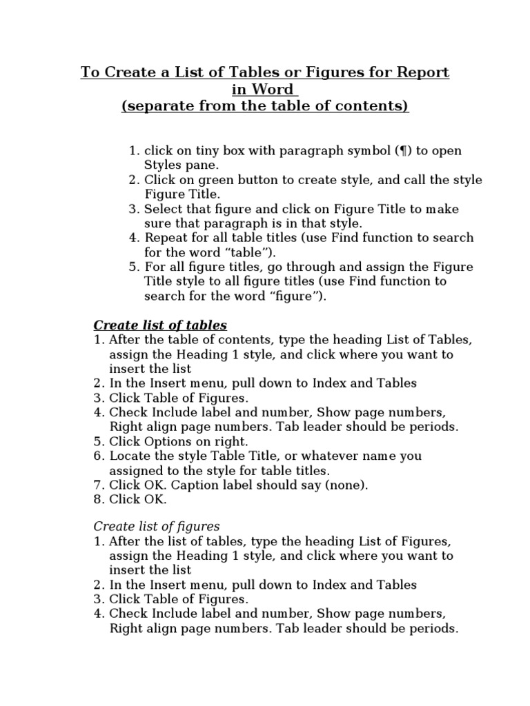 To Create A List of Tables or Figures For Report in Word (Separate From