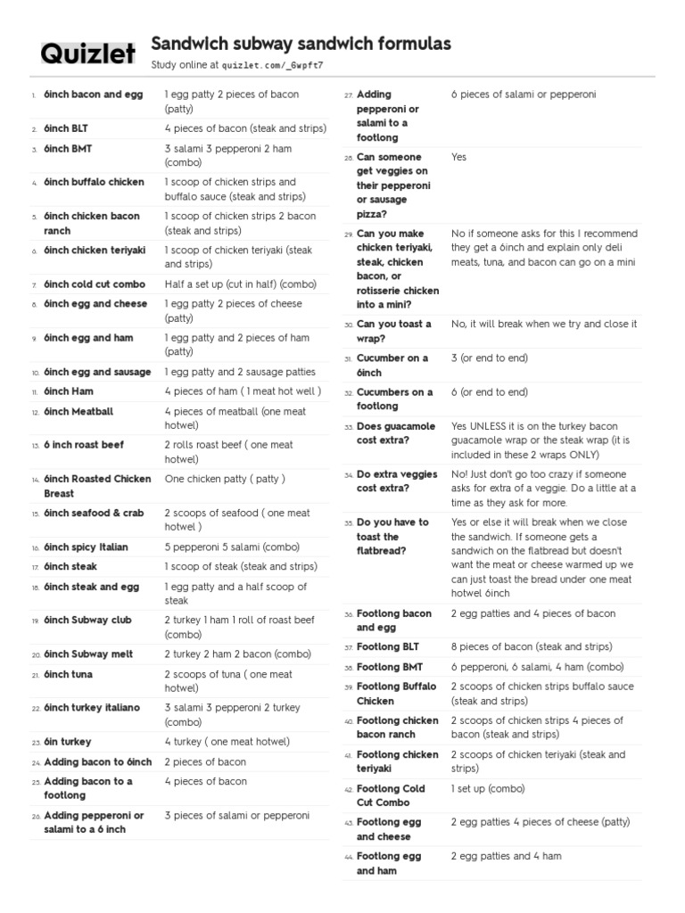 Subway Sandwich Formulas Cheat Sheet | PDF | Bacon | Salad