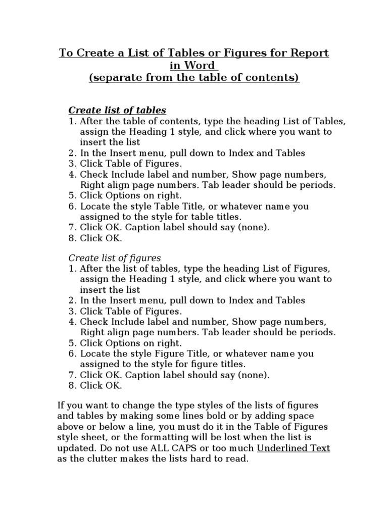 To Create A List of Tables or Figures For Report in Word (Separate From ...