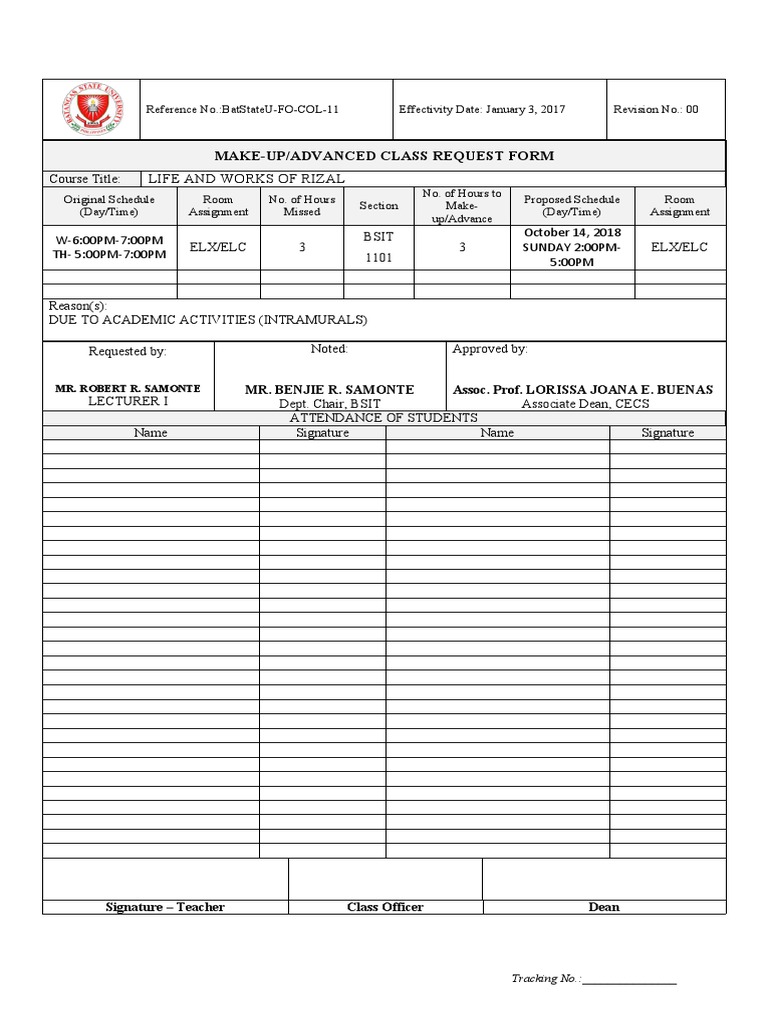 Make-Up Class Request Form for Rizal | PDF