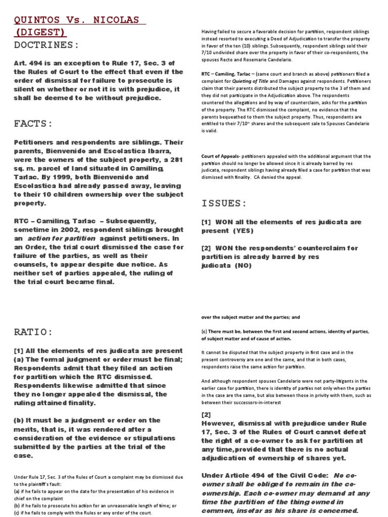 Doctrines Quintos vs. Nicolas (Digest) PDF Prejudice (Legal Term