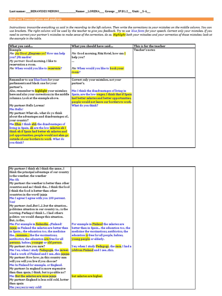 Template For Oral Transcription and Analysis 5-6 | PDF | Behavior ...