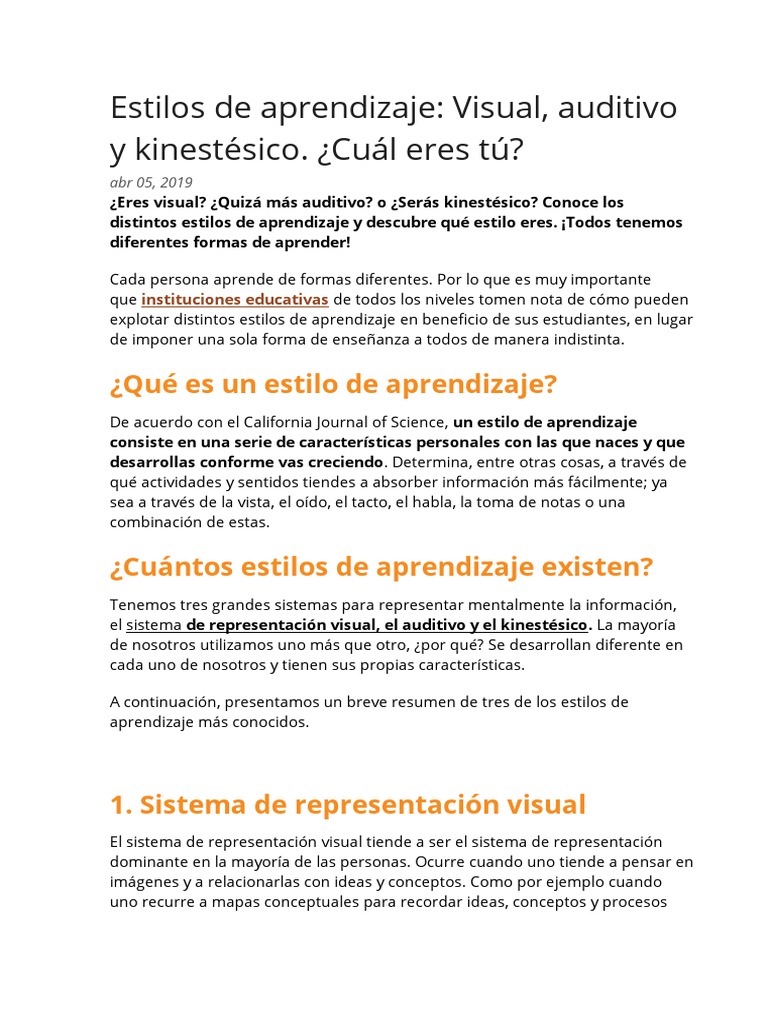 Estilos de Aprendizaje: Visual, Auditivo y Kinestésico | PDF ...