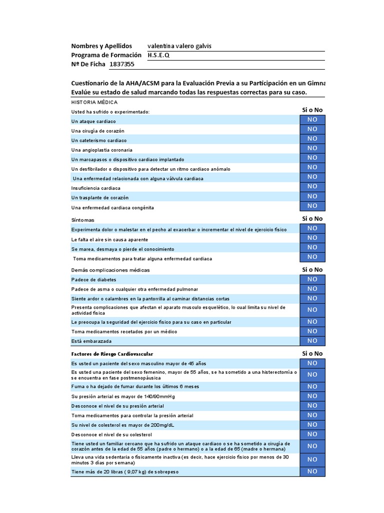 Cuestionario AHA/ACSM para Gimnasios | PDF | Ciencias de la Salud ...
