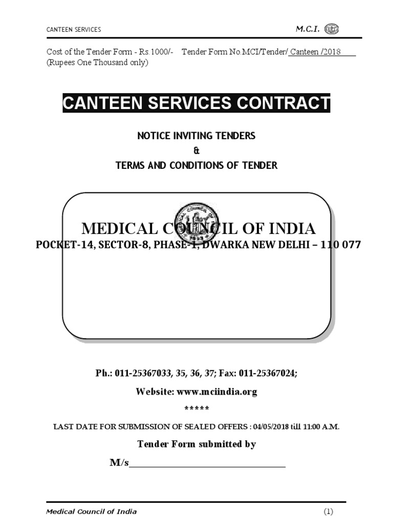 Canteen Services Contract Medical Council of India PDF Lunch Foods