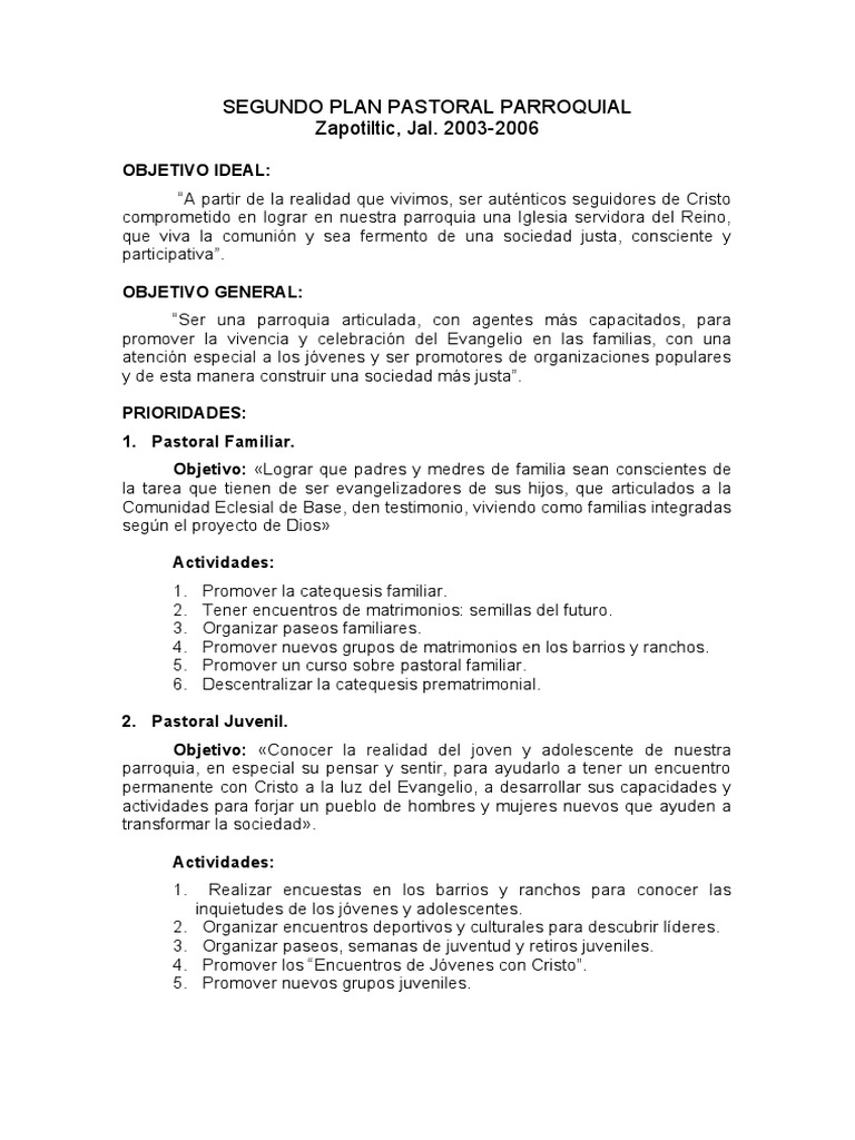 Plan Pastoral Parroquial 2003-2006 | PDF | eucaristía | Misionero