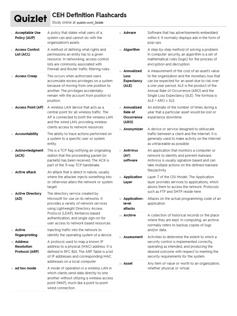 CEH Definition Flashcards PDF | PDF | Public Key Cryptography | Encryption