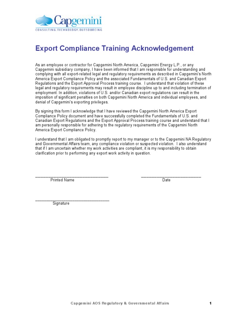 Export Compliance Training Acknowledgement: Capgemini AOS Regulatory ...