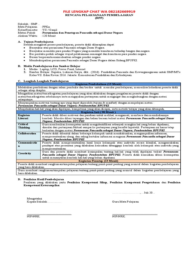 RPP PPKn Kelas VII: Pancasila Dasar Negara | PDF