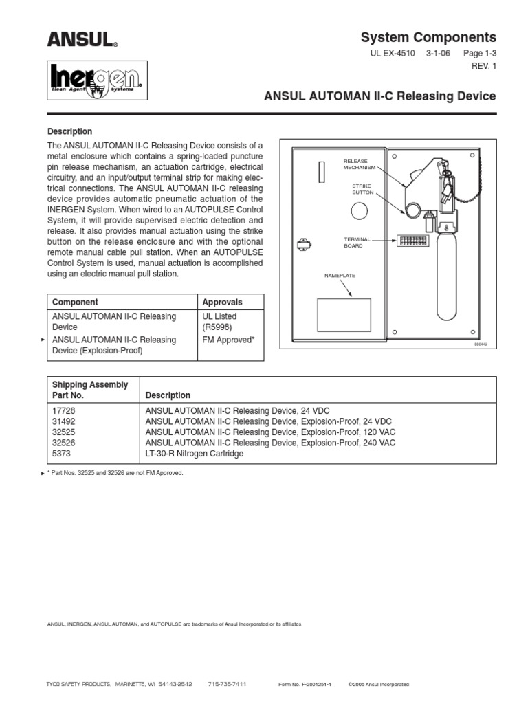 ANSUL AUTOMAN IIC Releasing Device Component Sheet PDF Actuator
