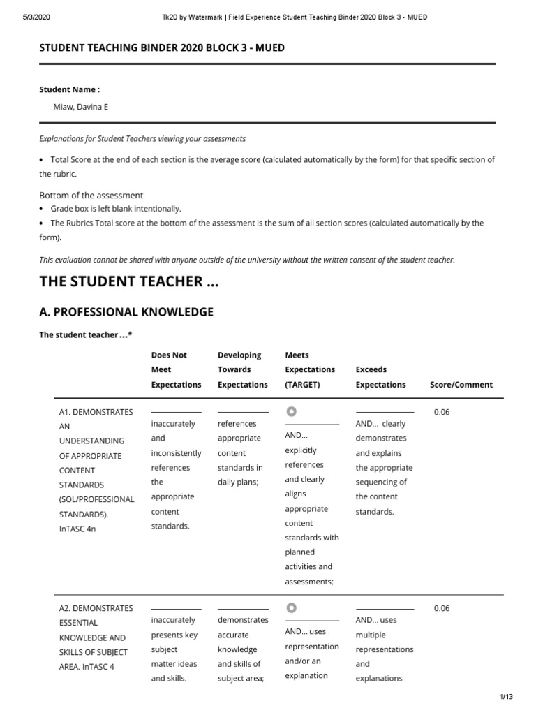 2020 MUED Student Teaching Evaluation | PDF | Educational Assessment ...