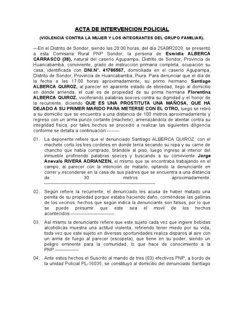 Acta de Intervención por Violencia Familiar | PDF | Armas de fuego ...
