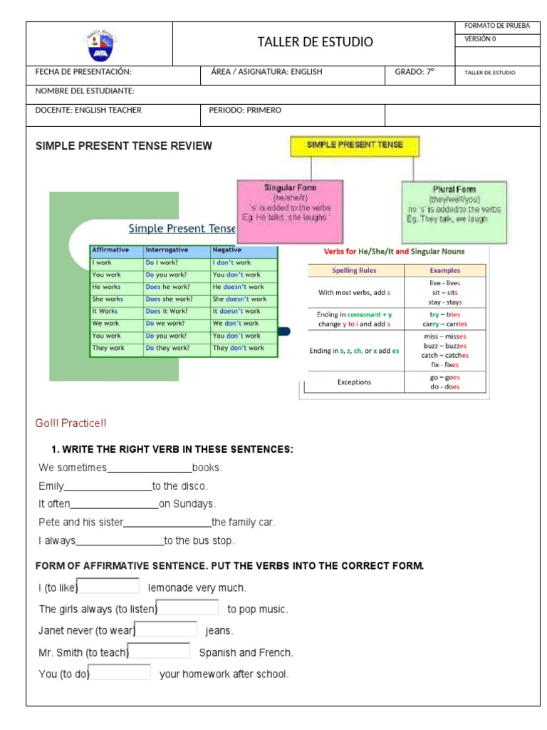Taller de Estudio: Simple Present Tense Review | PDF