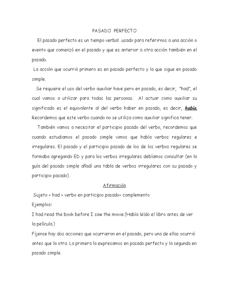 Guía del Pasado Perfecto en Inglés | PDF | Verbo | Conjugación gramatical