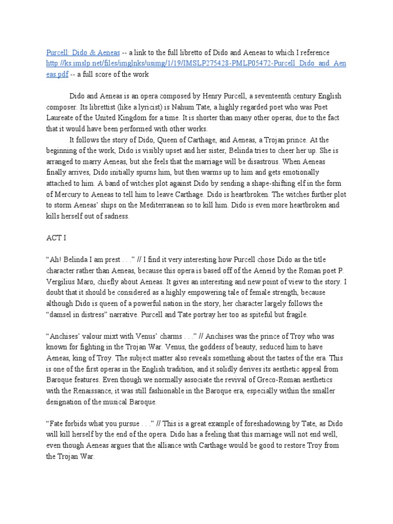 Dido And Aeneas By Hy Purcell An Analysis Of The Libretto Pdf Aeneas