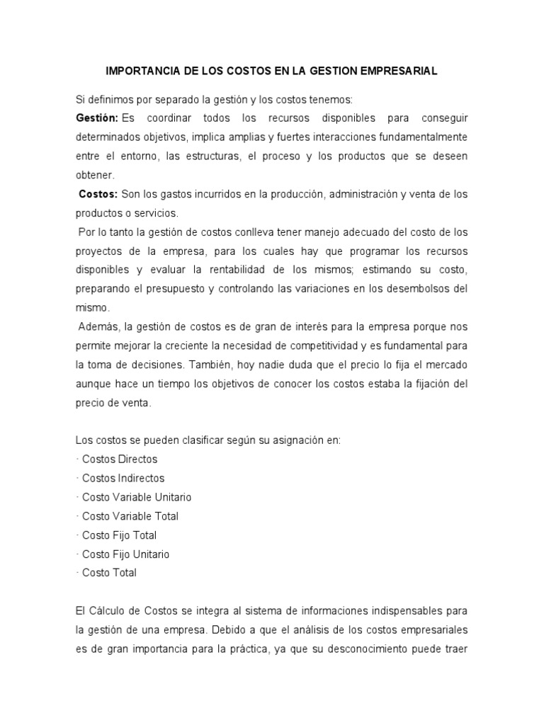 Importancia de Los Costos en La Gestion Empresarial (Lectura) | PDF ...