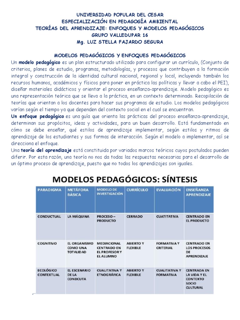 Enfoques y Modelos Pedagógicos | PDF | Plan de estudios | Aprendizaje